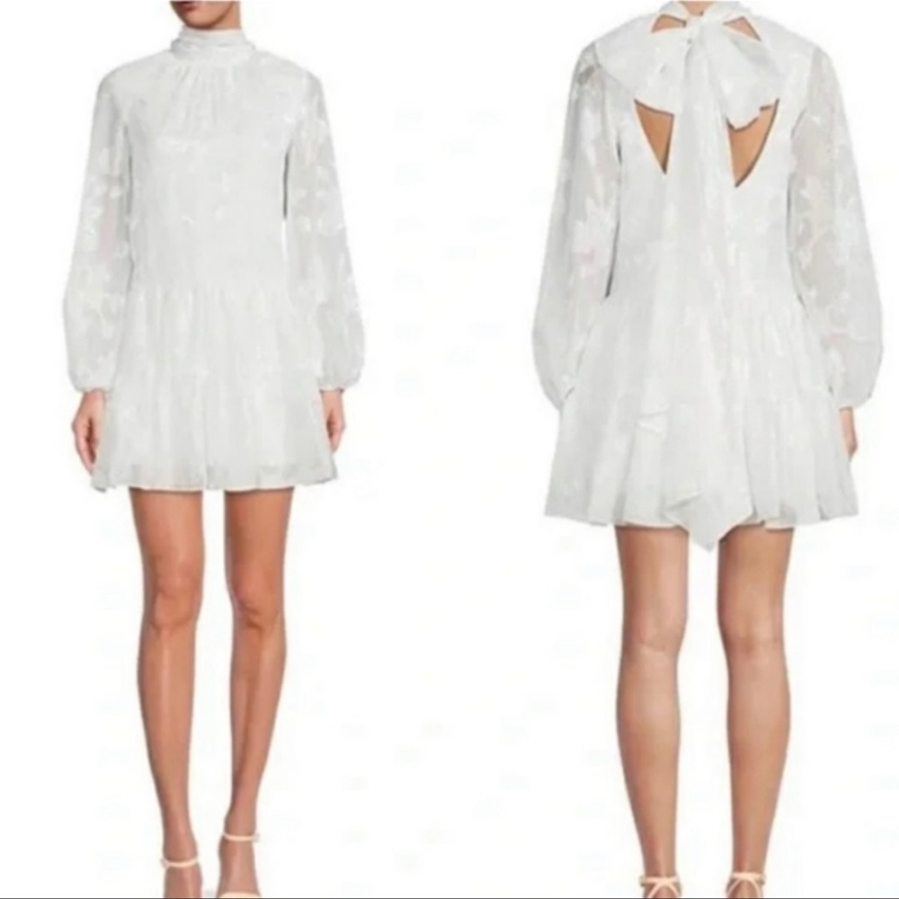 Badgley Mischka Ansley Floral Print White Dress w/ Puff Sleeves NWT